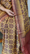 Mustard and brick red ajrakh tussar silk saree- W239