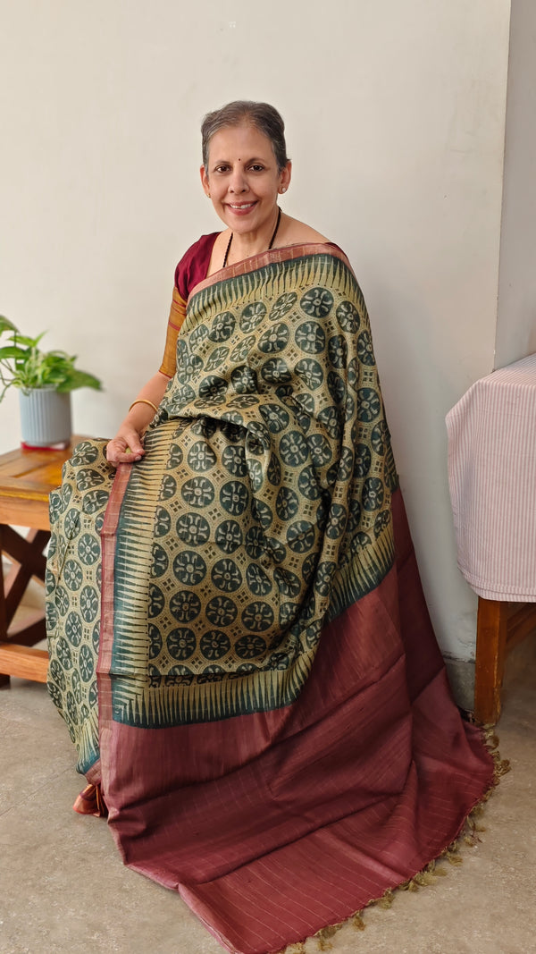 Green and dark mauve ajrakh tussar silk saree- W239