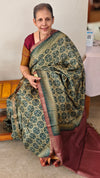 Green and dark mauve ajrakh tussar silk saree- W239