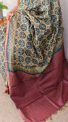 Green and dark mauve ajrakh tussar silk saree- W239