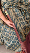 Green and dark mauve ajrakh tussar silk saree- W239