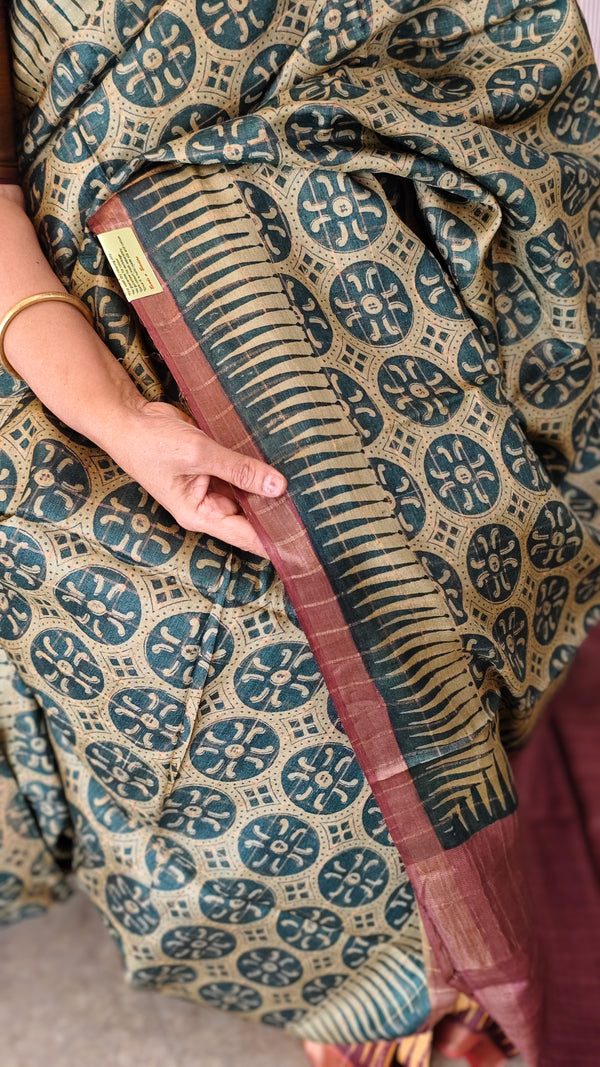 Green and dark mauve ajrakh tussar silk saree- W239