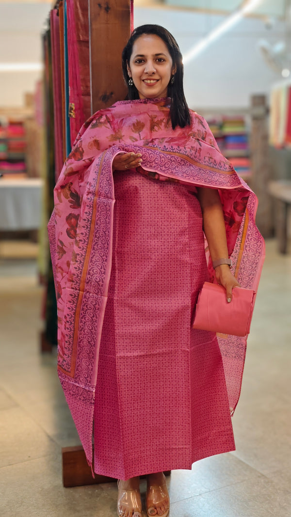 Dark pink printed tussar silk suit