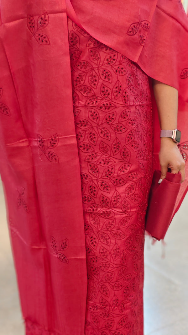 Pink red cutwork tussar silk suit