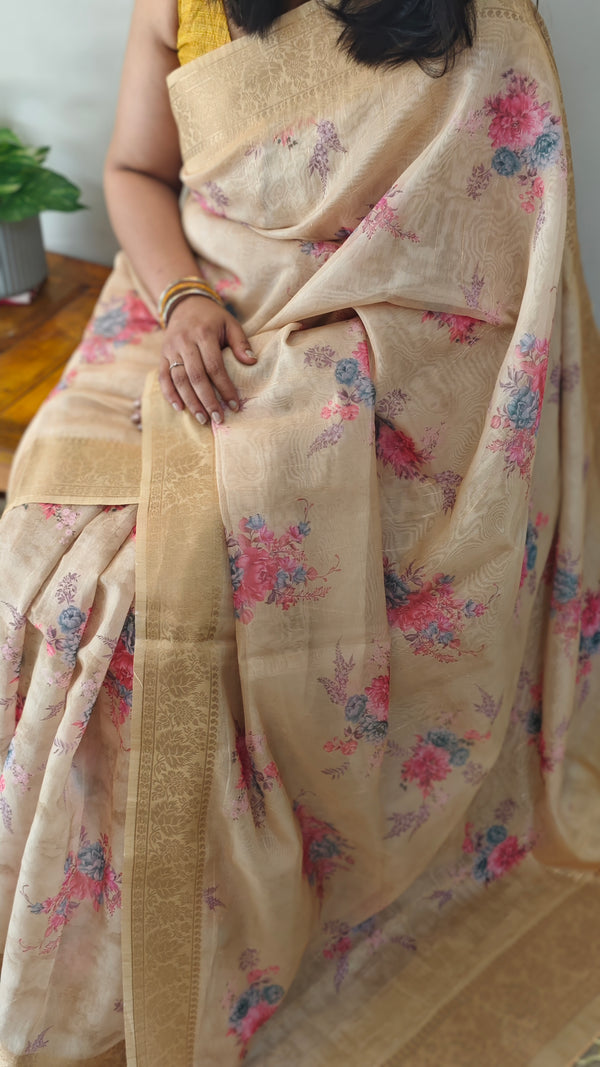 Pastel yellow Organza saree