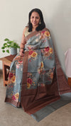 Light grey floral printed tussar silk saree
