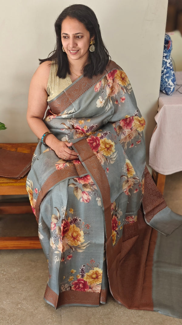 Light grey floral printed tussar silk saree