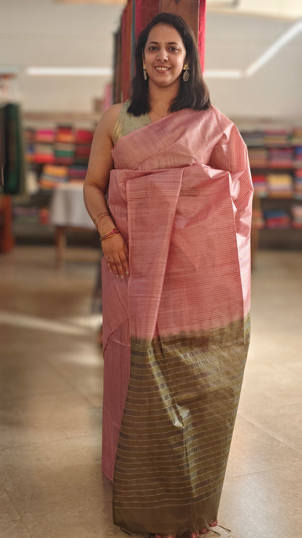 Blush pink and green tussar silk saree - 4D98