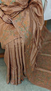 Nude brown cross stitch embroidered tussar silk saree - K1108