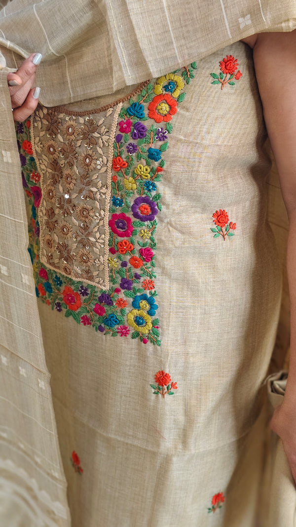 Light beige linen chanderi suit- Hand embroidered yoke