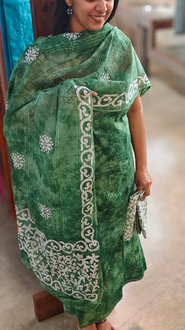 Green cotton bathik printed suit