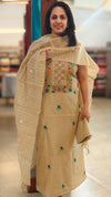 Light beige chanderi linen suit - Hand embroidered yoke
