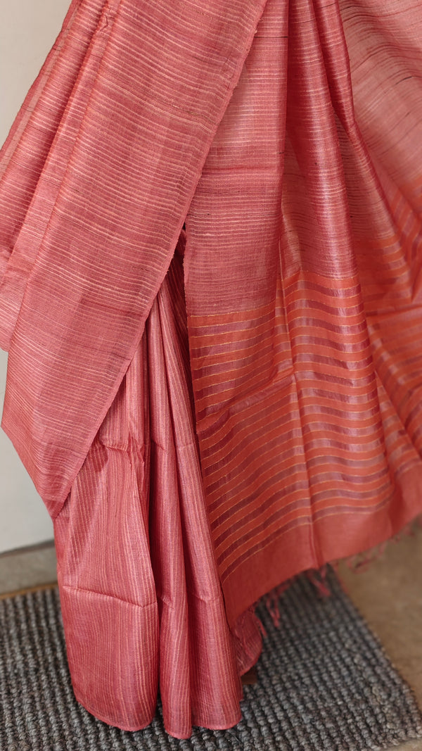 Brick red tussar silk saree - 3754