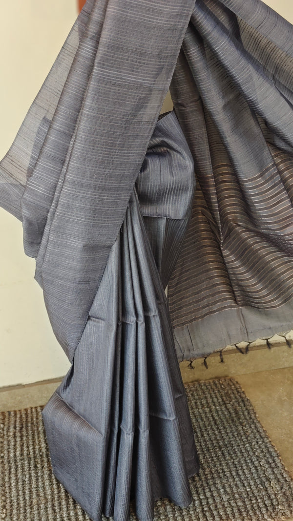 Bluish grey tussar silk saree - 3754