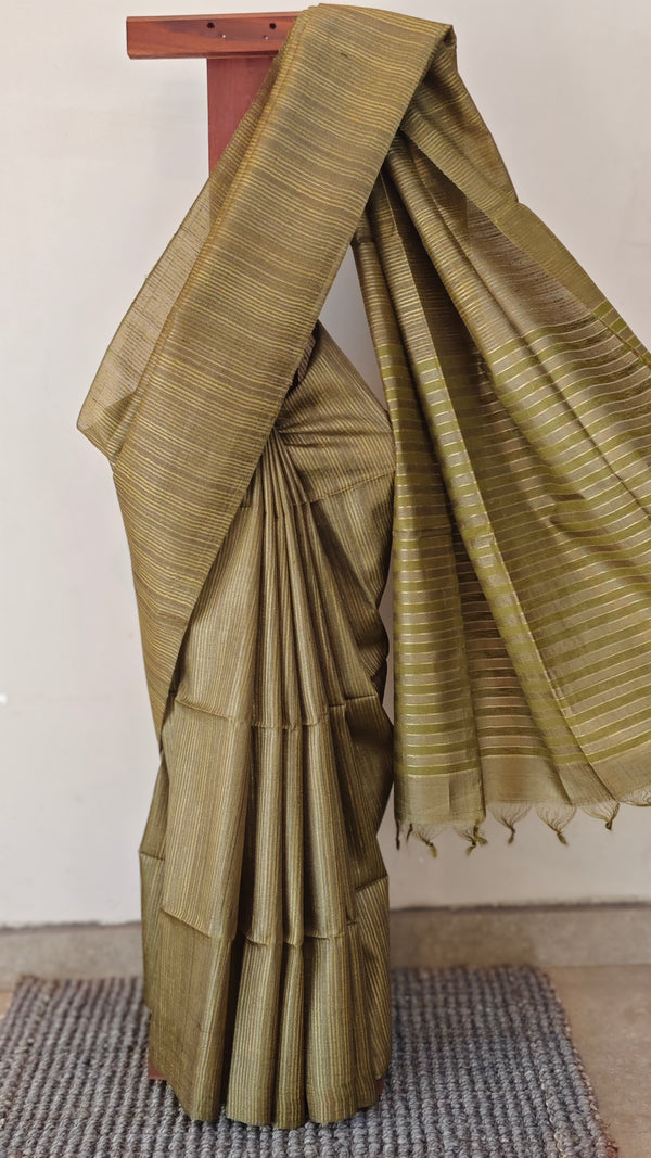 Olive green tussar silk saree - 3754