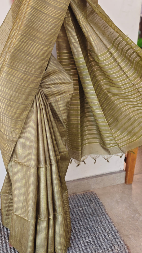 Olive green tussar silk saree - 3754