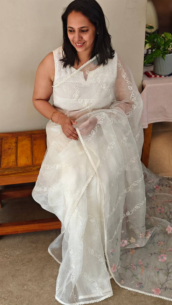 Milky white crushed organza saree