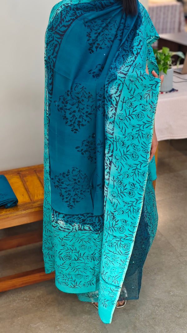 Peacock blue and green net kota suit