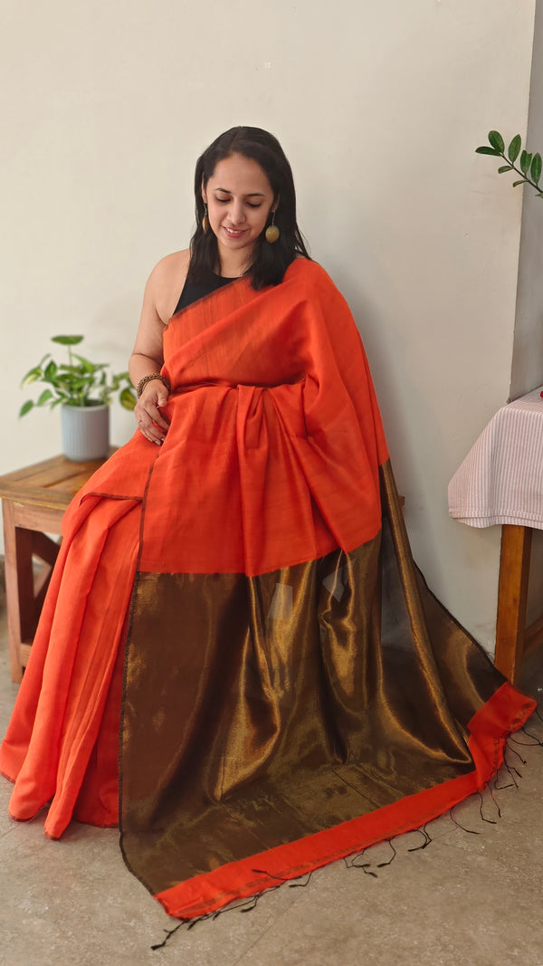 Burnt orange matka silk saree