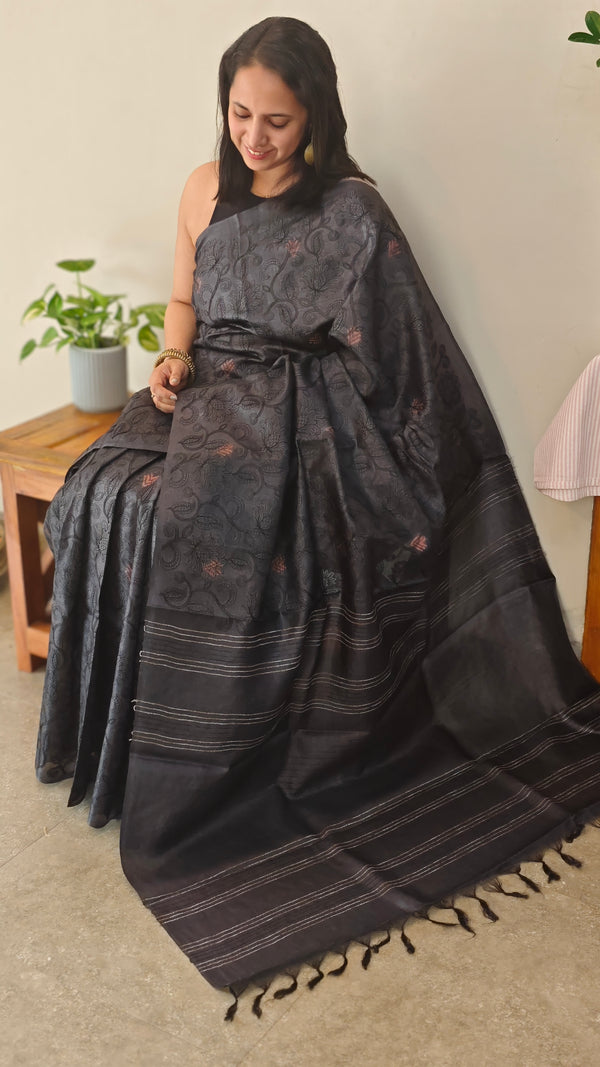 Black lined tussar silk saree