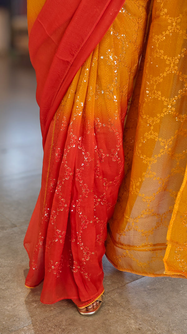 Mustard and rust orange viscoe organza saree