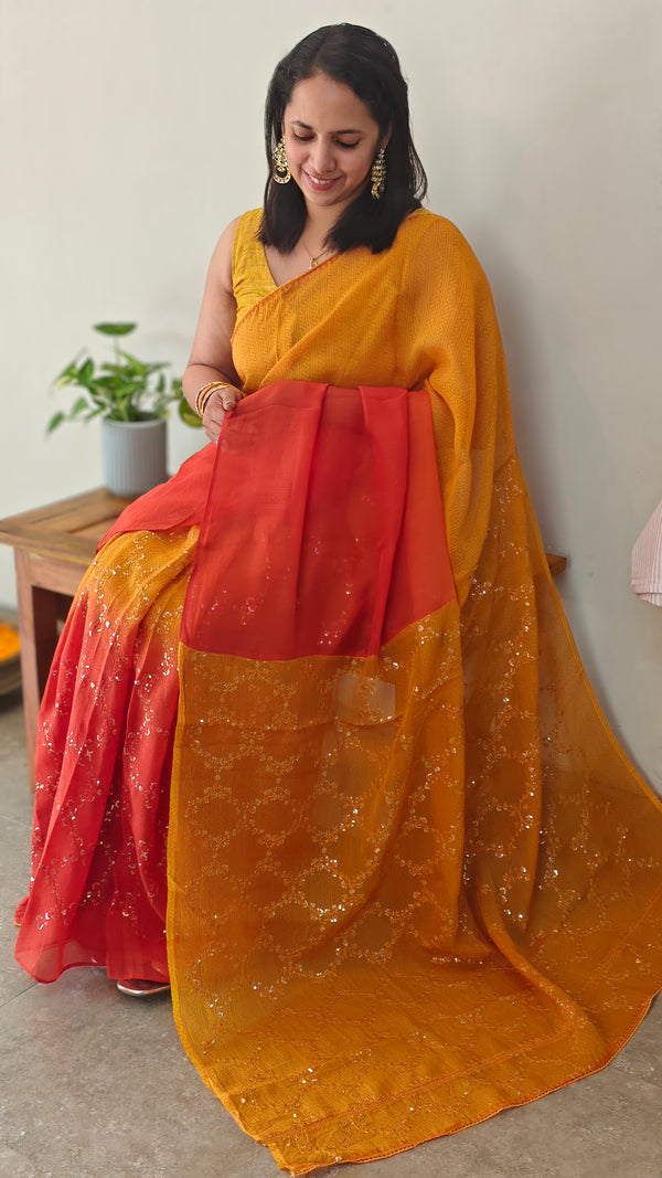 Mustard and rust orange viscoe organza saree