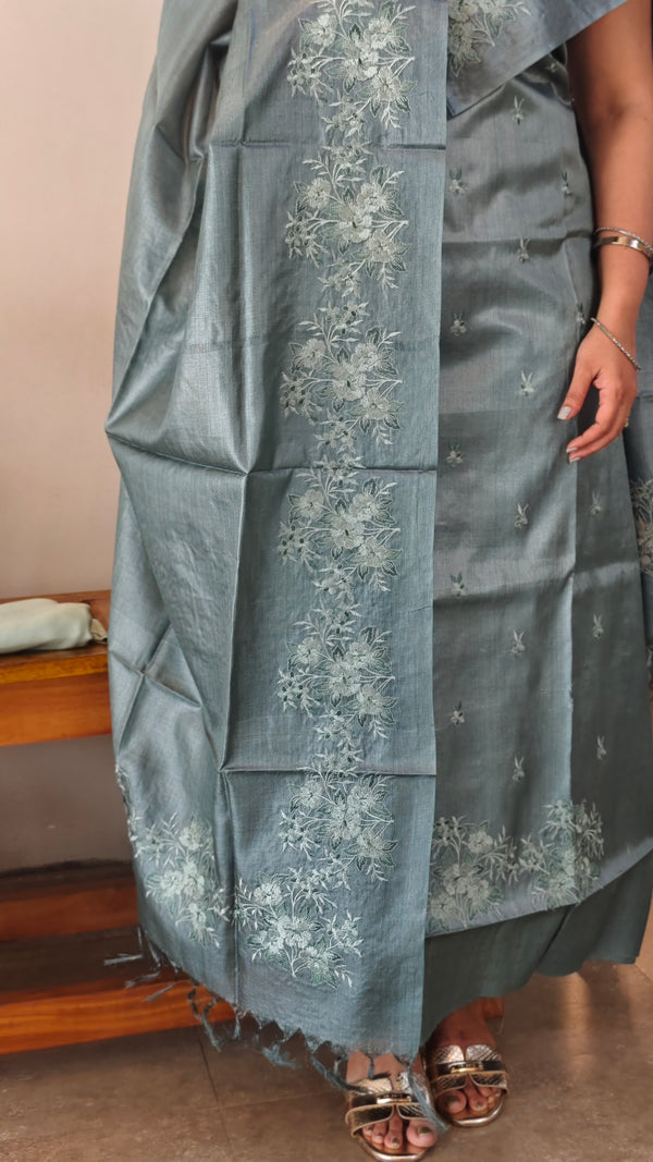 Teal green tussar silk embroidered suit - LV677