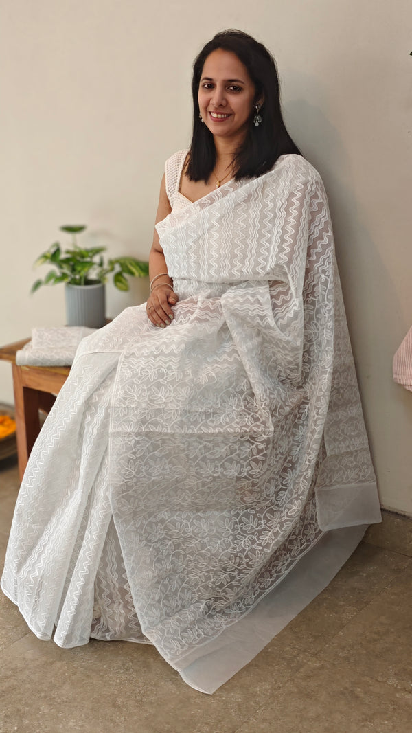Smoky grey printed saree with aari embroidery - 5912