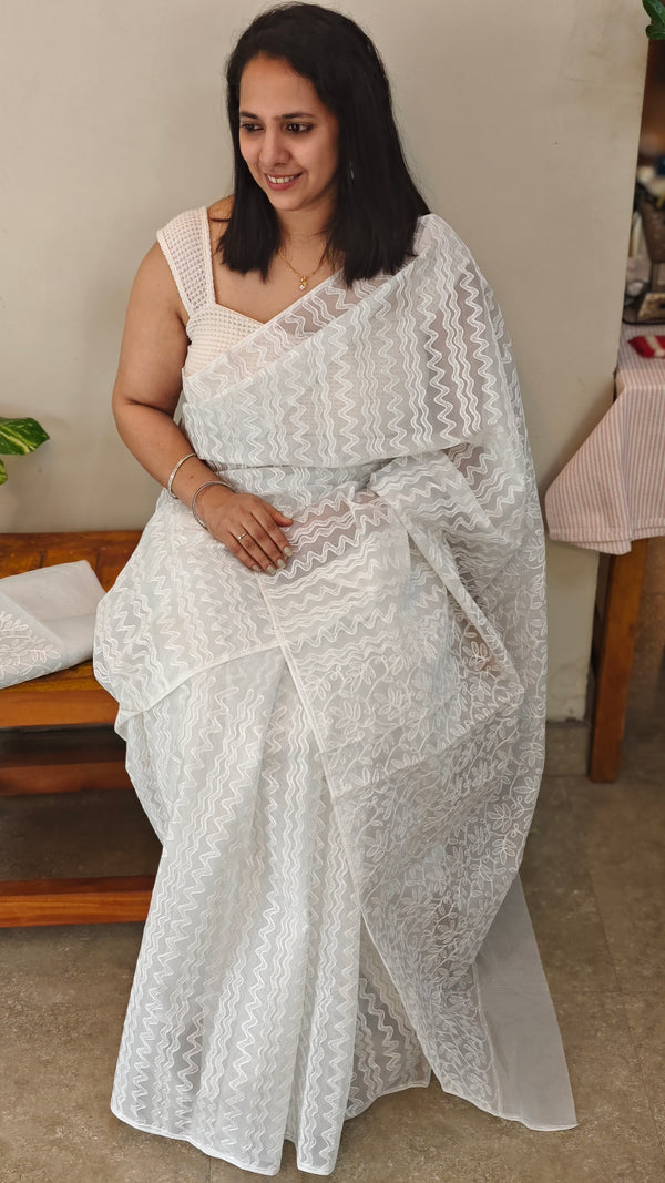 Smoky grey printed saree with aari embroidery - 5912
