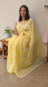 Canary yellow printed organza saree with aari embroidery - 5912