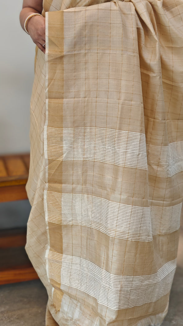 Light beige checked tussar silk saree