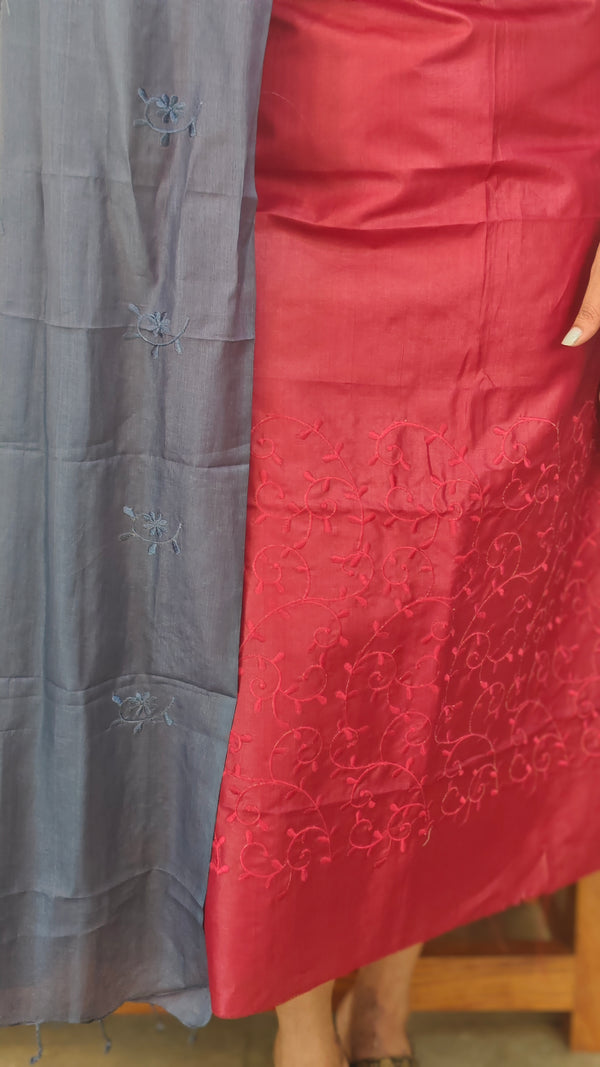 Dark red and grey tussar silk suit