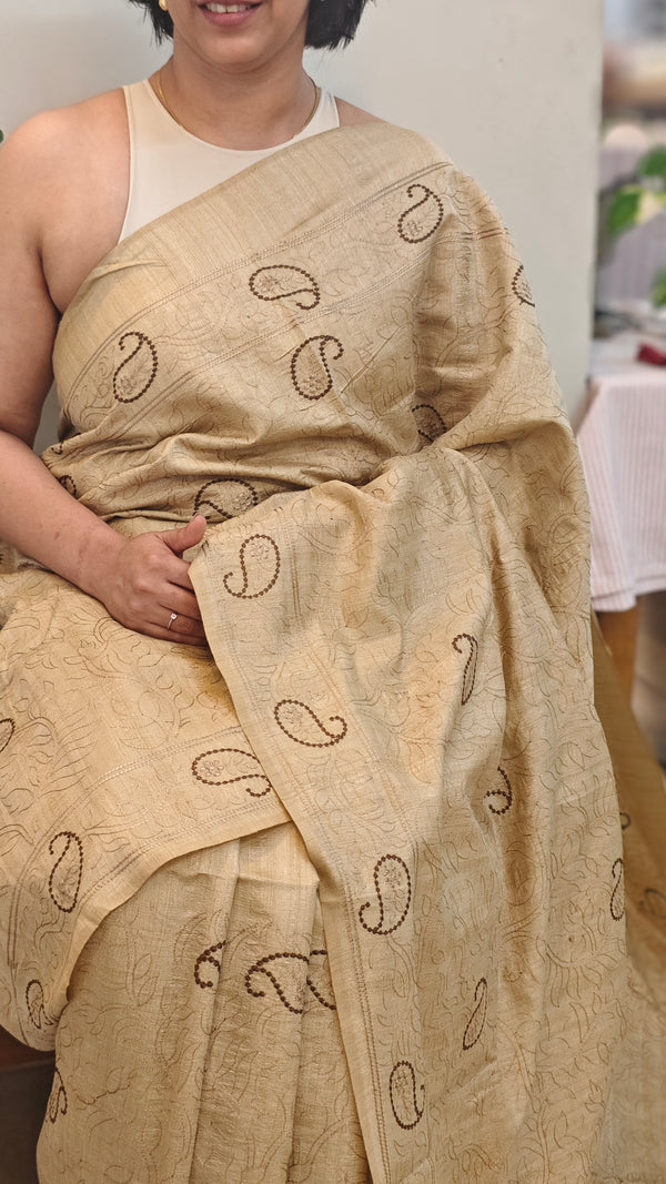 Beige semi tussar silk saree