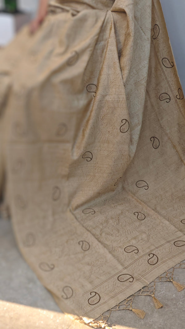 Beige semi tussar silk saree