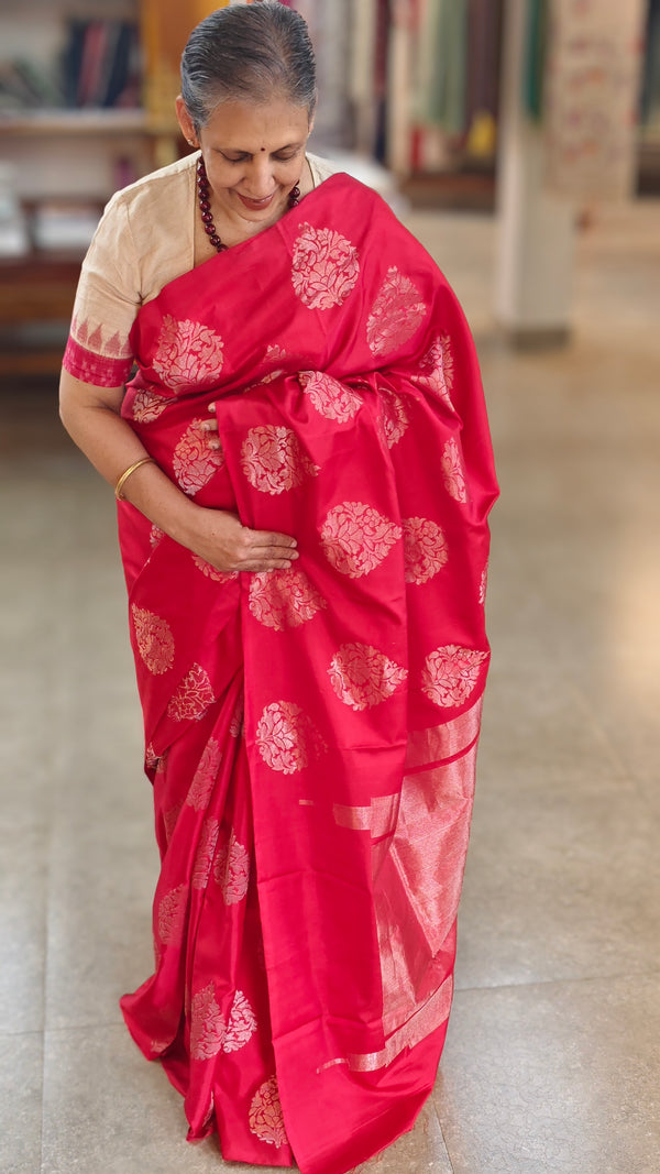 Cherry red soft silk kanchipuram saree