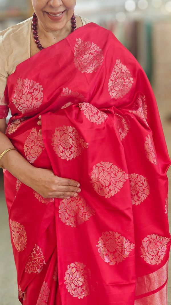 Cherry red soft silk kanchipuram saree