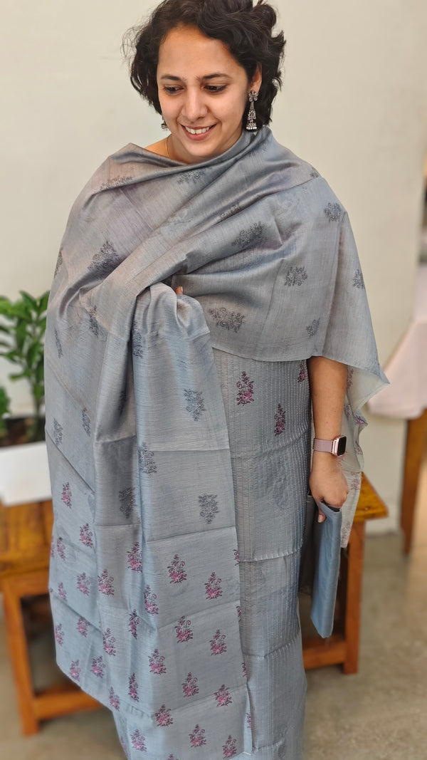 Light grey blended chanderi block printed suit