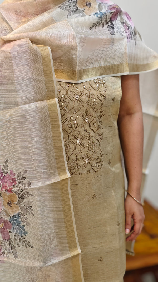 Beige tissue linen embroidered suit - TSL42