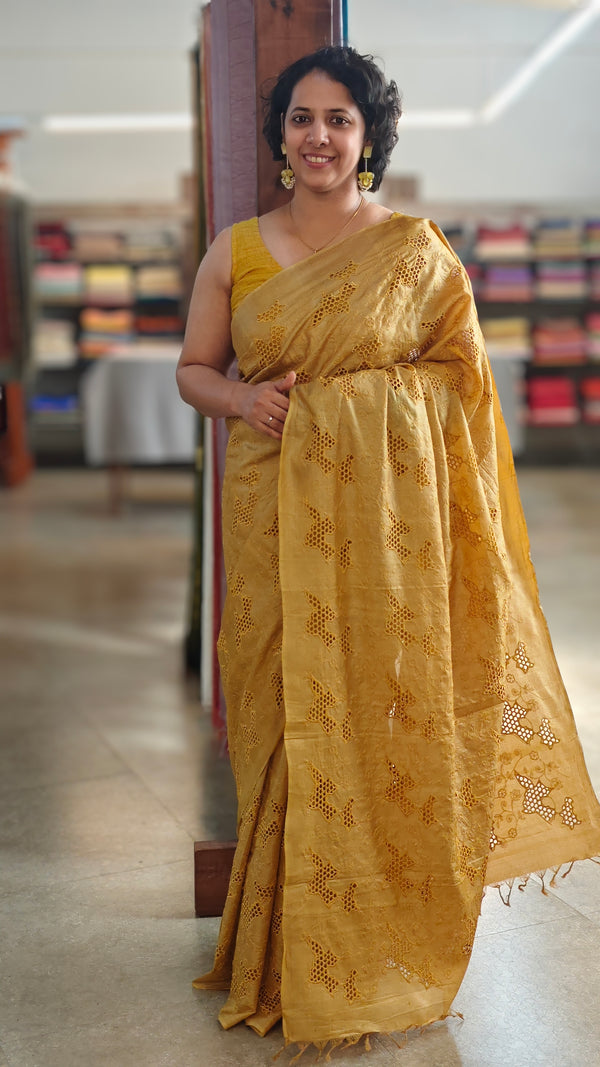 Golden mustard cutwork tussar silk saree - 7924