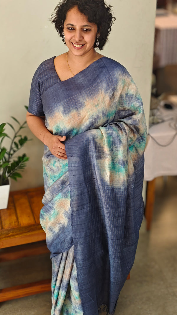 Blue desi tussar silk shibori printed saree
