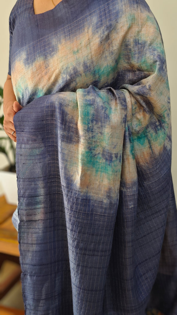 Blue desi tussar silk shibori printed saree