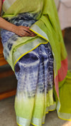 Lime green and blue linen saree