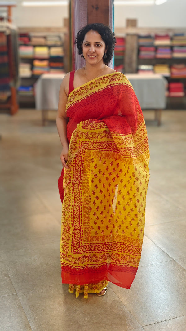 Red and yellow super net kota saree