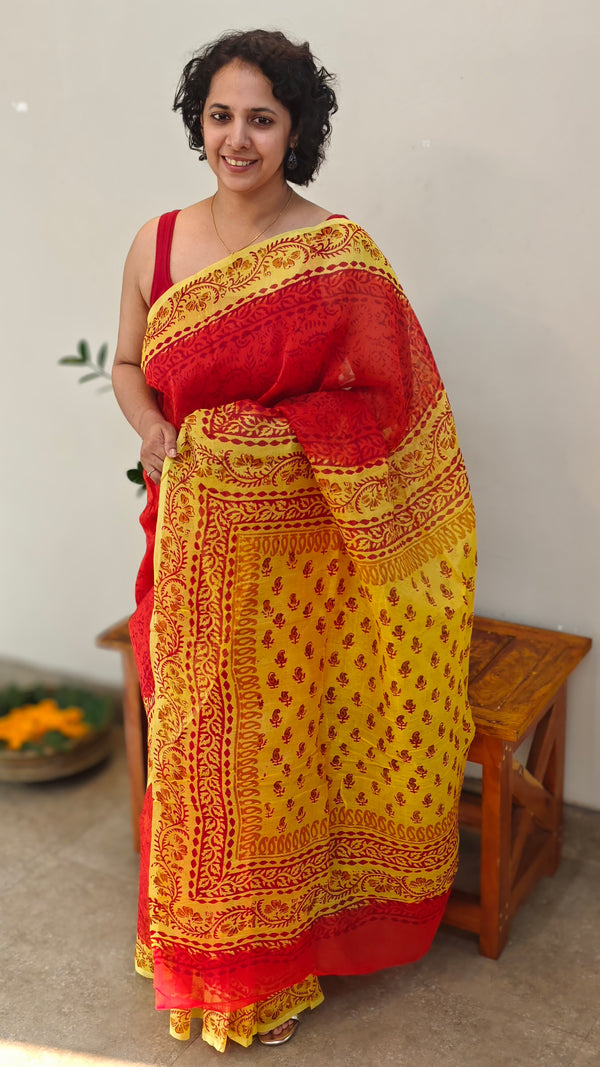 Red and yellow super net kota saree