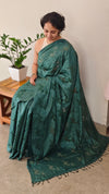 Dark green cut work tussar silk saree - 7924