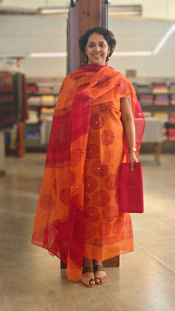 Orange and pink super net kota suit