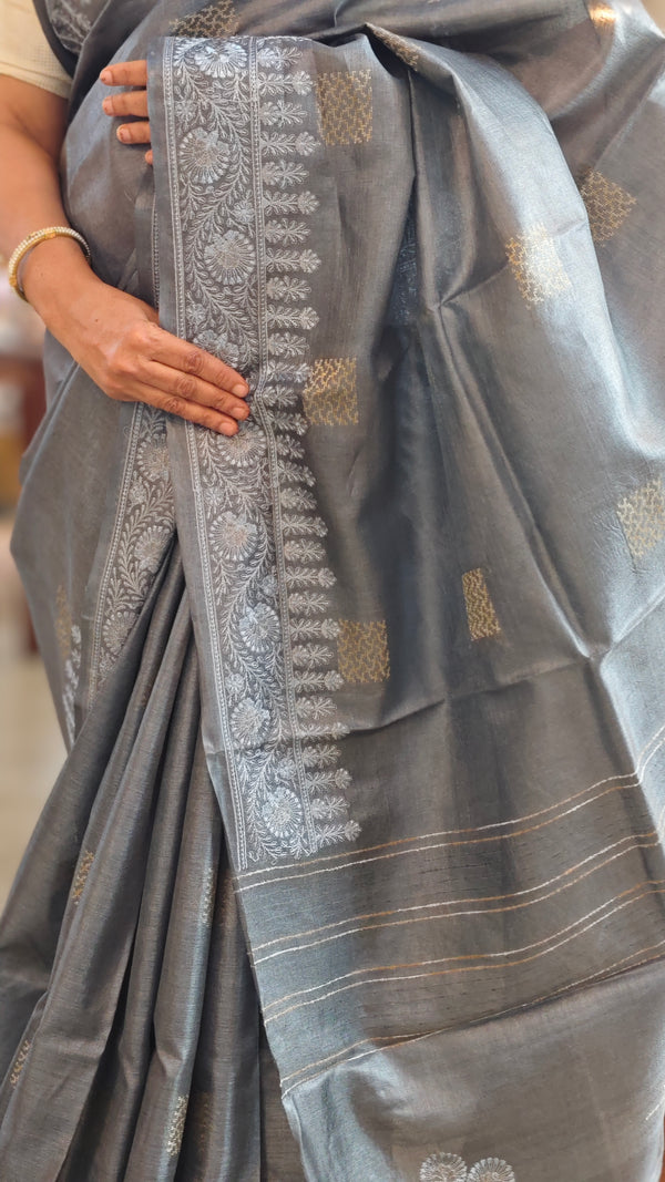 Grey tussar silk saree N113