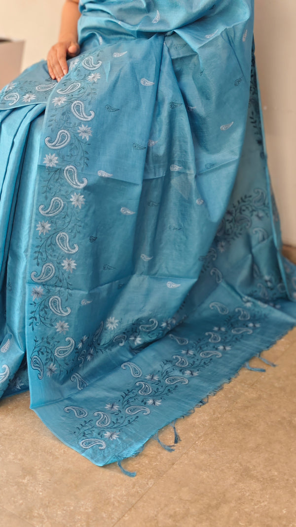 Sky blue lined noil tussar silk saree