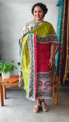 Red and green printed tussar silk suit