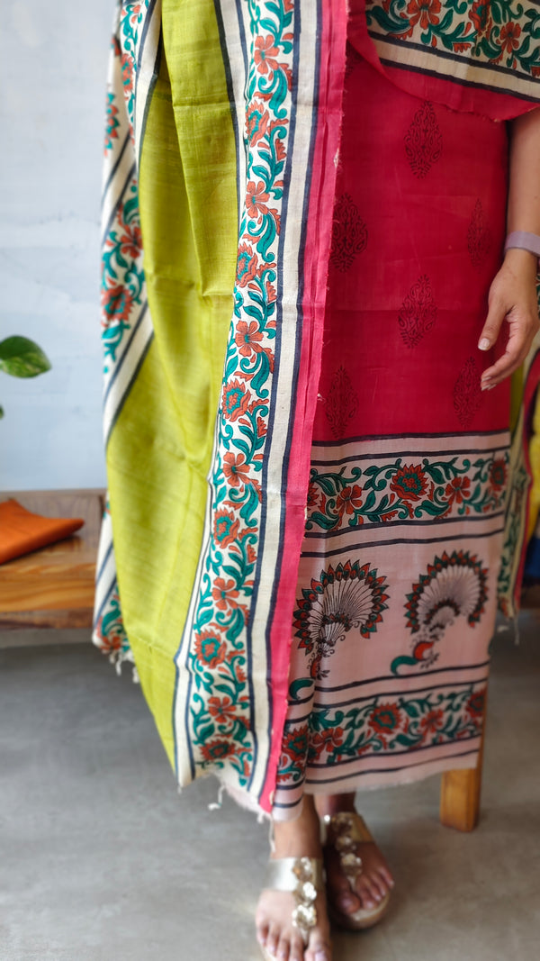 Red and green printed tussar silk suit